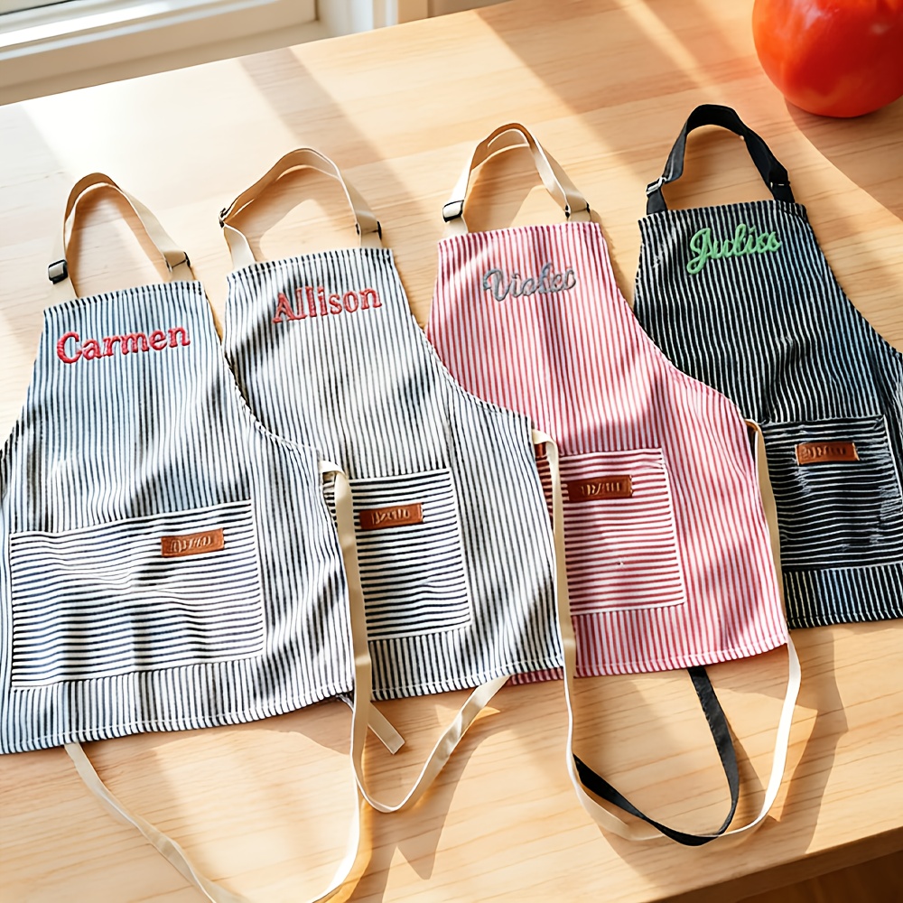 Kitchen Gadgets Name - Embroidered Name Striped Apron with Pockets